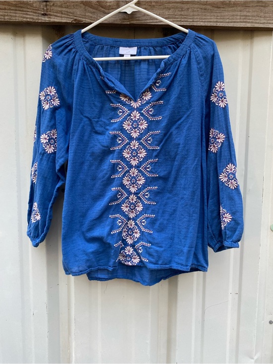 J. Jill Tops - J Jill Embroidered Peasant Tunic Blouse Blue Orange White Geometric Boho